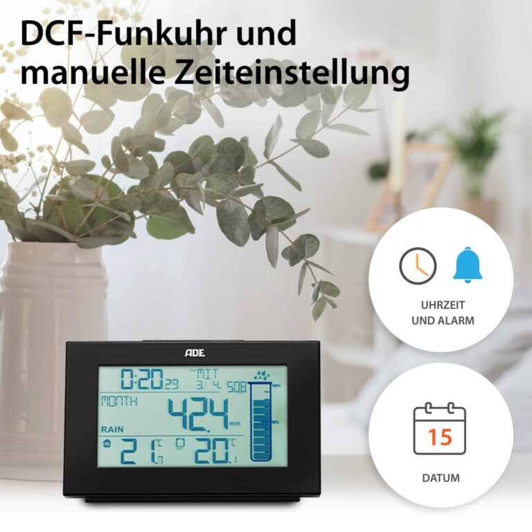 Wetterstation mit Funk-Regenmesser | ADE WS1907 - DCF-Funkuhr, Wecker & Kalender
