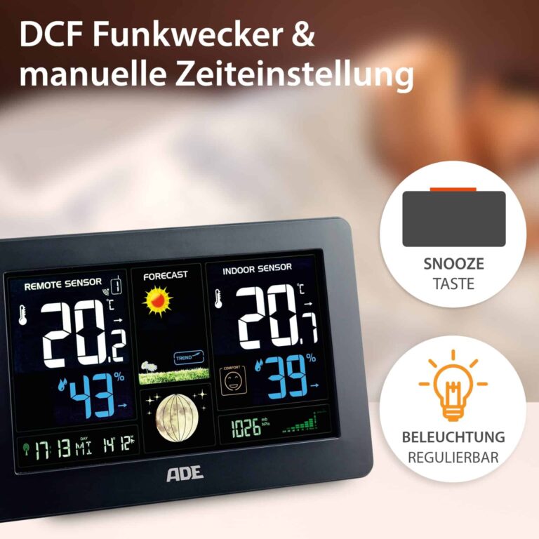 Wetterstation mit Funk-Außensensor | ADE WS1704 - DCF Funkwecker & manuelle Zeiteinstellung, Snooze-Taste, regulierbare Beleuchtung