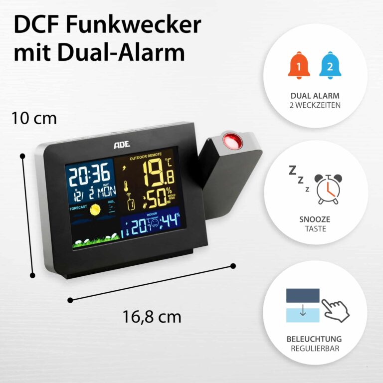 Wetterstation mit Funk-Außensensor | ADE WS 1911 - DCF-Funkwecker & Dual-Alarm