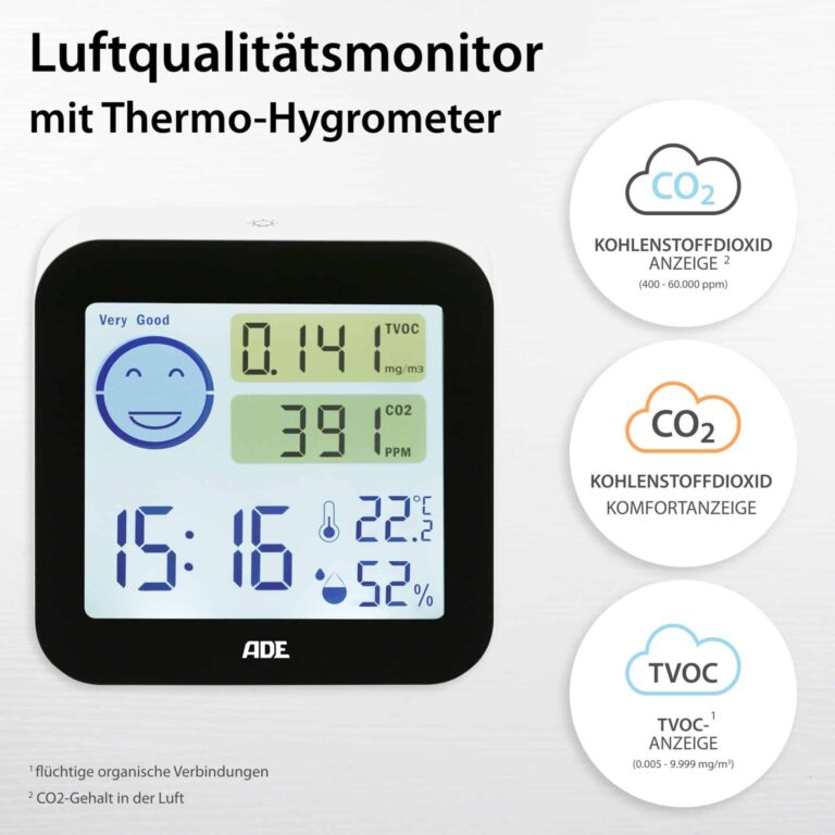 Luftqualitätsmonitor mit Thermo-/Hygrometer | ADE WS 1908 - CO2-Anzeige, Kohlenstoffdioxid-Komfortanzeige & TVOC-Anzeige