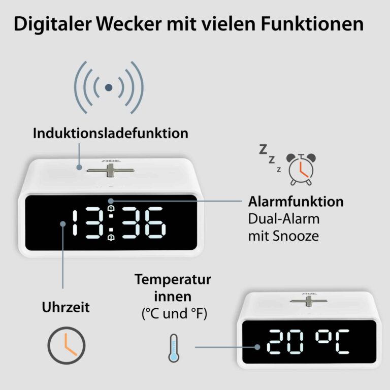 Digitaler Wecker mit Induktionsladung | ADE CK 2010 - digitaler Wecker mit vielen Funktionen