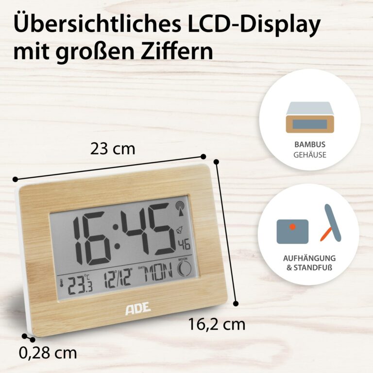 Funkuhr | ADE CK 1702 - LCD-Display, Standfuß & Aufhängung, Bambusgehäuse