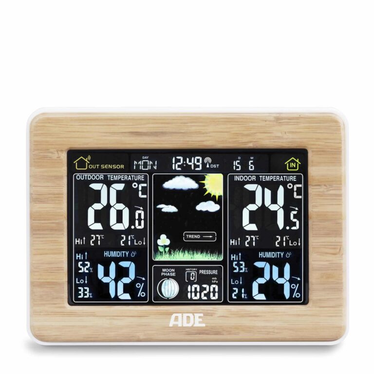 Weather station with interchangeable frame and wireless outdoor sensor | ADE WS 1914 frontal bamboo