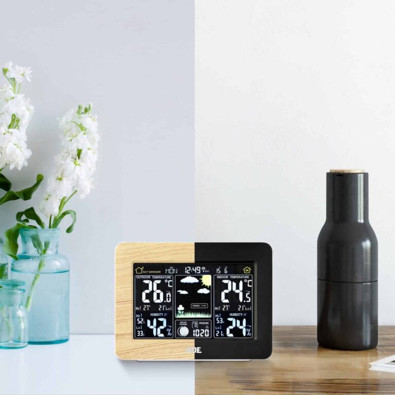 Weather station with interchangeable frame and wireless outdoor sensor | ADE WS 1914 frontal bamboo and black