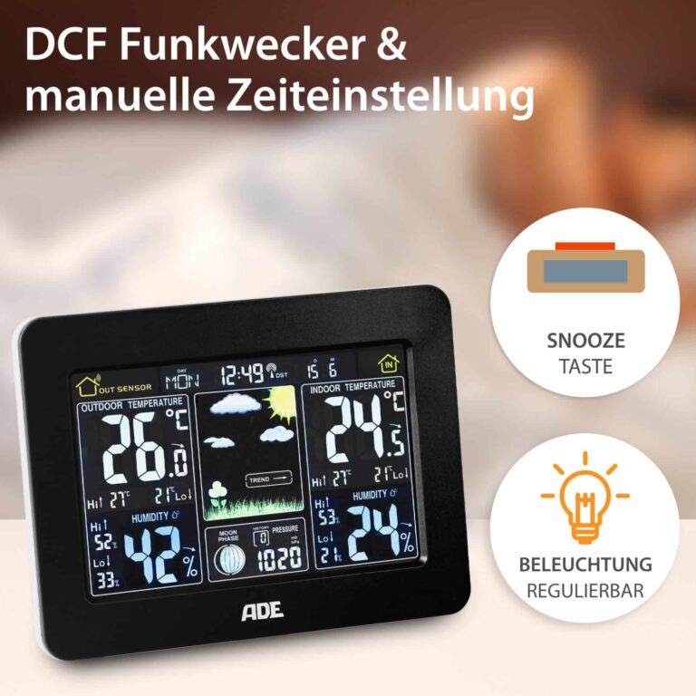 Wetterstation mit Wechselrahmen & Funk-Außensensor | ADE WS1914 - DCF Funkuhr, Snooze-Taste & regulierbare Beleuchtung