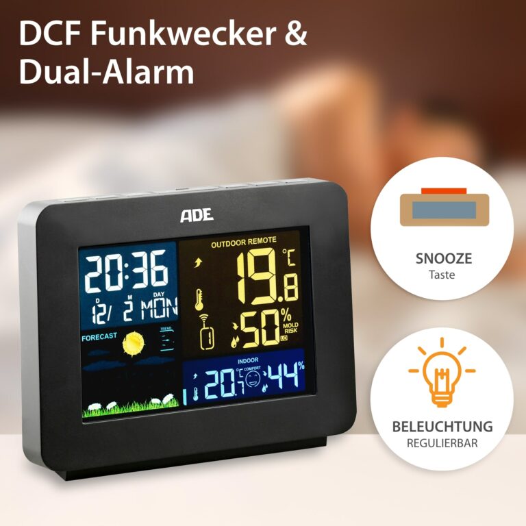Wetterstation mit Funk-Außensensor | ADE WS 1917 - DCF-Funkwecker & Dual-Alarm