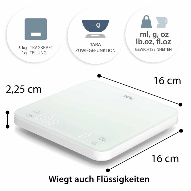 Digitale Küchenwaage mit Timer | ADE KE2100 Nuria - Maße, Tragkraft/teilung, Tara, Gewichtseinheiten