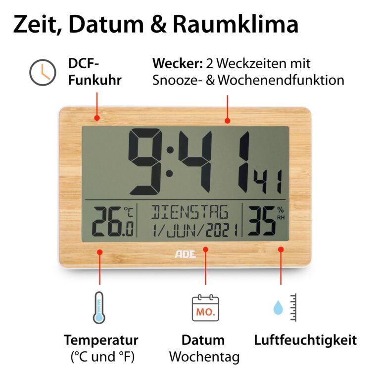 XL-Funkuhr mit Dual-Alarm und Thermo- / Hygrometer | ADE CK2113 - Zeit, Datum und Raumklima