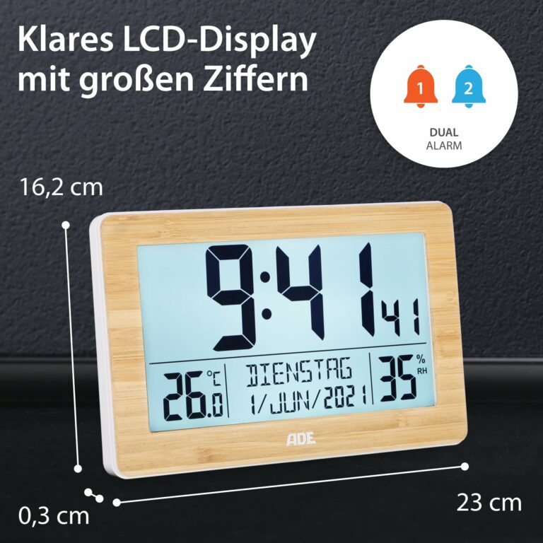 XL-Funkuhr mit Dual-Alarm und Thermo- / Hygrometer | ADE CK 2113 - Klares LCD-Display mit großen Ziffern