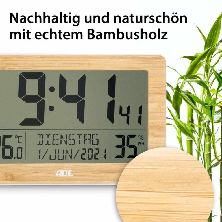 XL-Funkuhr mit Dual-Alarm und Thermo- / Hygrometer | ADE CK2113- Nachhaltig und Naturschön mit echtem Bambusholz