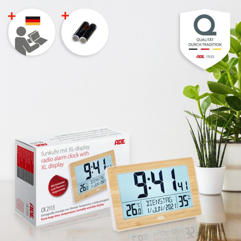 XL-Funkuhr mit Dual-Alarm und Thermo- / Hygrometer | ADE CK2113 - Verpackung