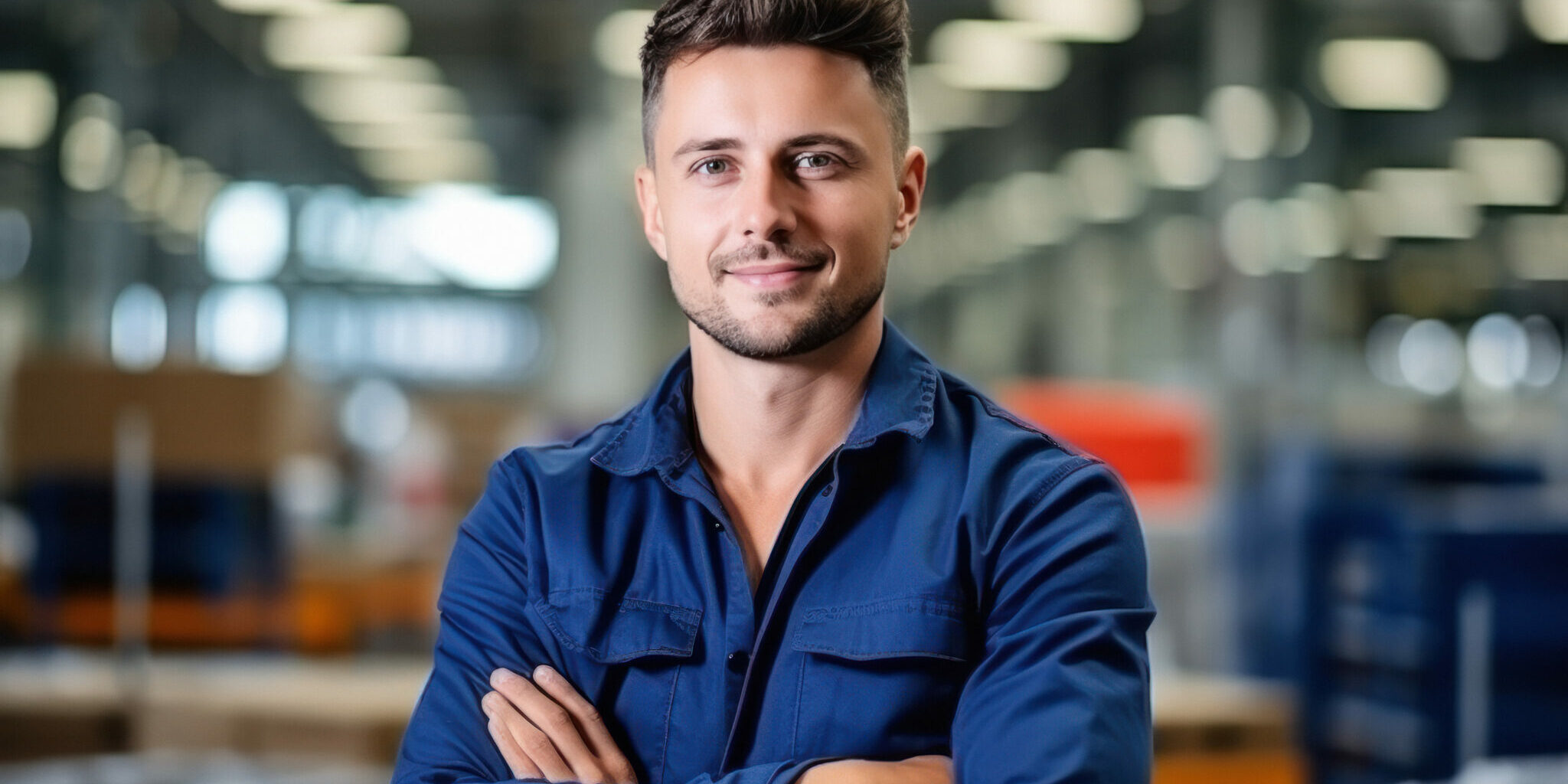 Confident male worker or labor standing in the factory